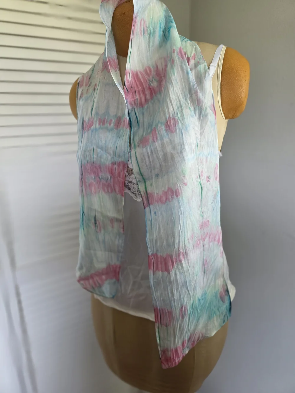 100% Silk Y2K Pastel Tie Dye Scarf 8x52 Lightweight Soft Wrap